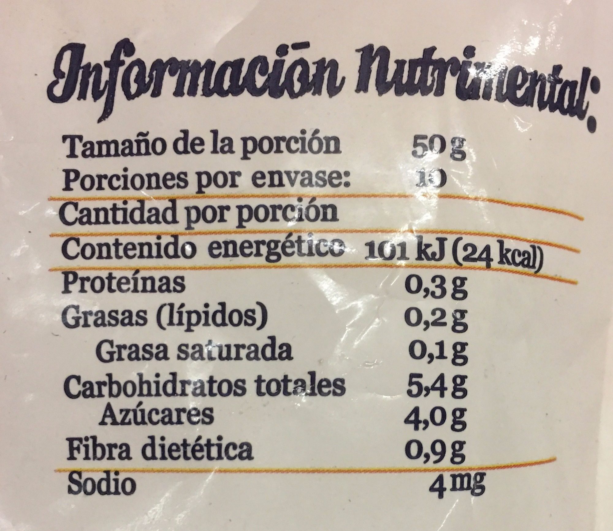 PAPAYA EN CUBOS - Información nutricional