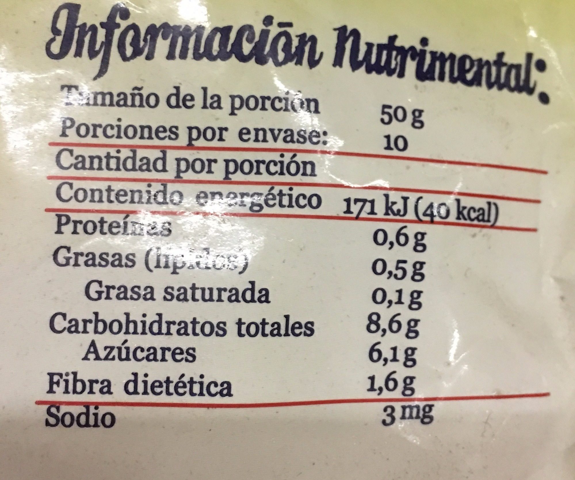 MANZANA EN GAJOS - Información nutricional