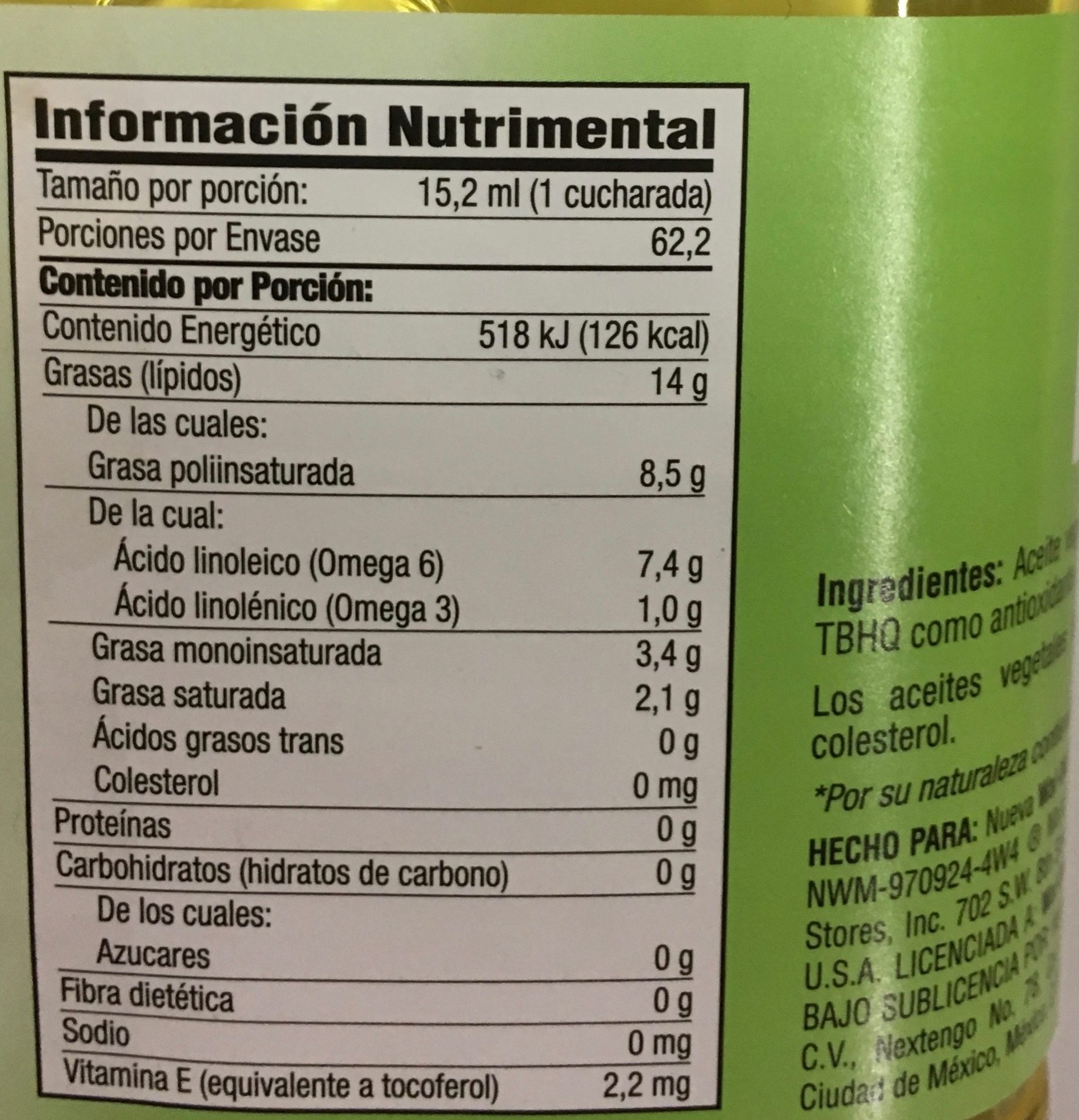 Aceite de soya Great Value - Näringsfakta - es
