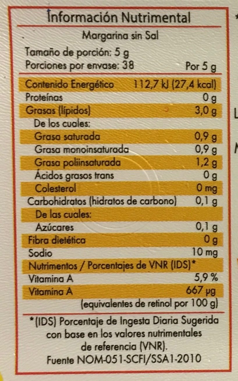 Margarina sin sal Aurrera - Información nutricional
