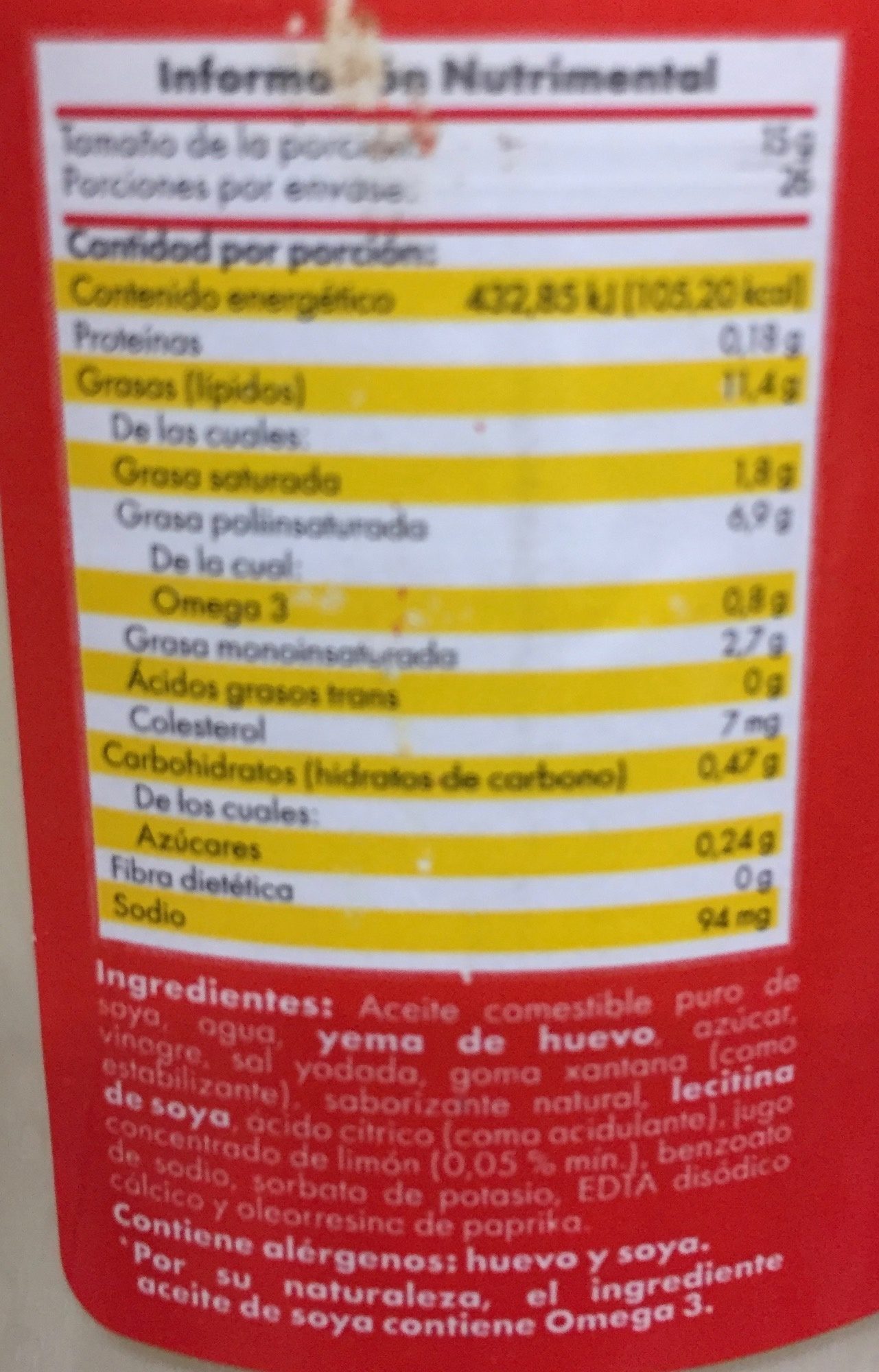 Mayonesa con jugo de limón, Aurrera - Información nutricional