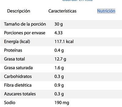 BRUSCHETTA DE ACEITUNAS - Información nutricional