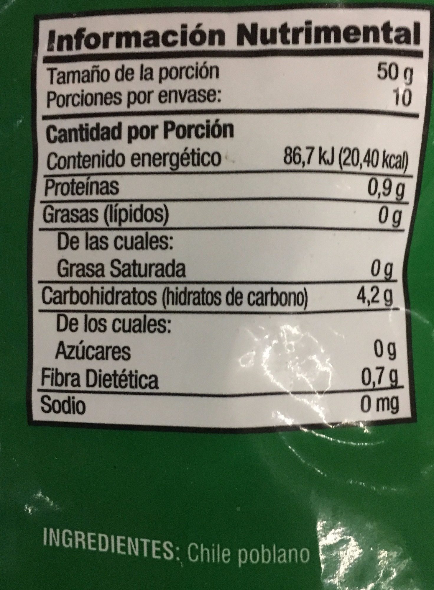 CHILE POBLANO EN RAJAS - Información nutricional