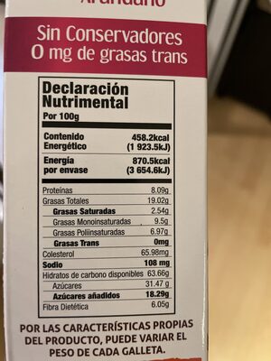 Galletas integrales de amaranto con arandano - Informació nutricional - es
