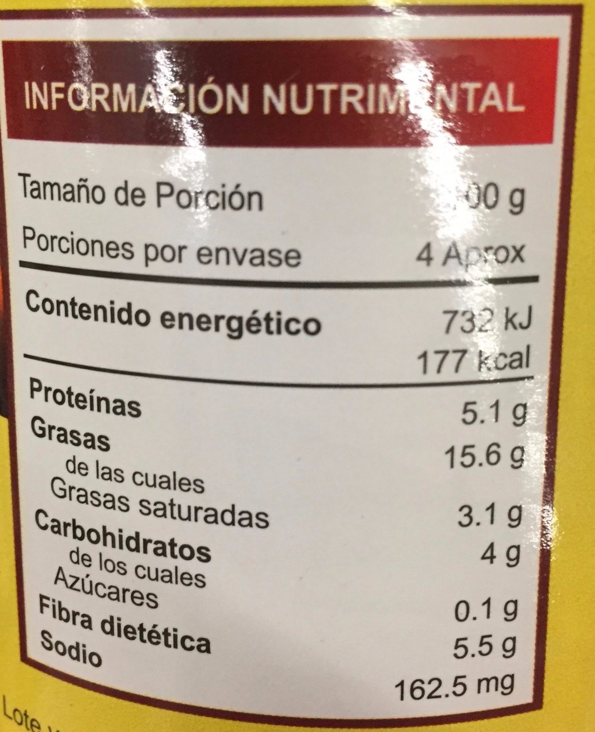 FRIJOLES REFRITOS CON ELOTE - Información nutricional