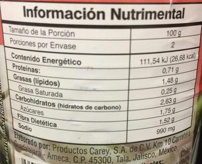 Rajas verdes Carey - Información nutricional