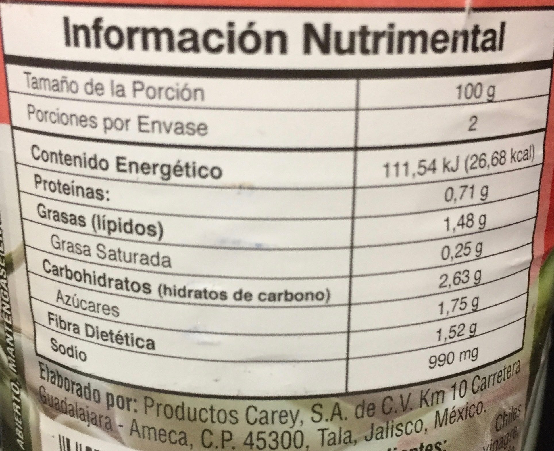 Rajas verdes Carey - Información nutricional