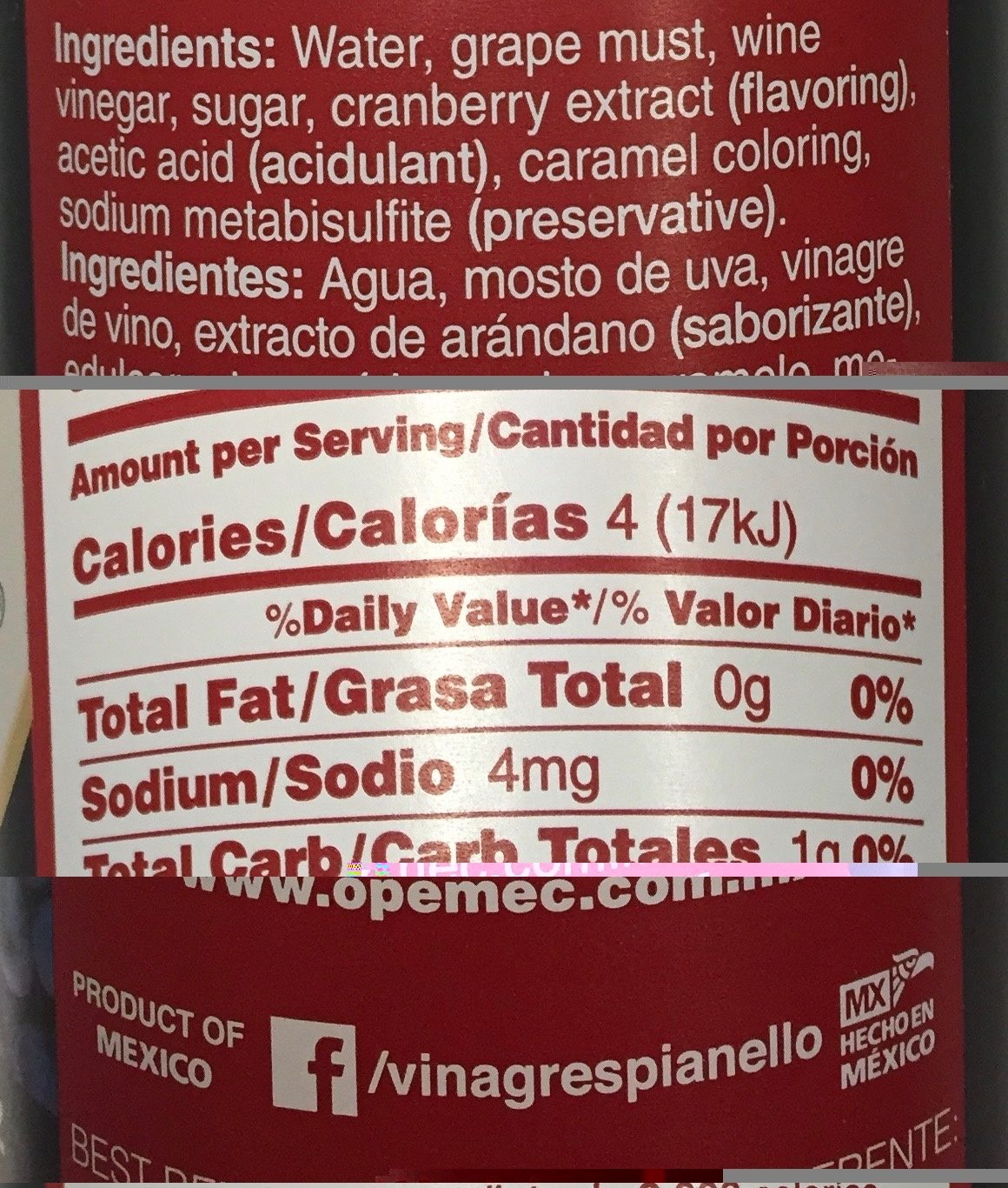 Cranberries Balsamic Vinegar Pianello - Información nutricional