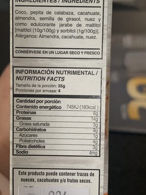 Barras Nüwa con coco almendra nuez y semilla de girasol - Nutrition facts