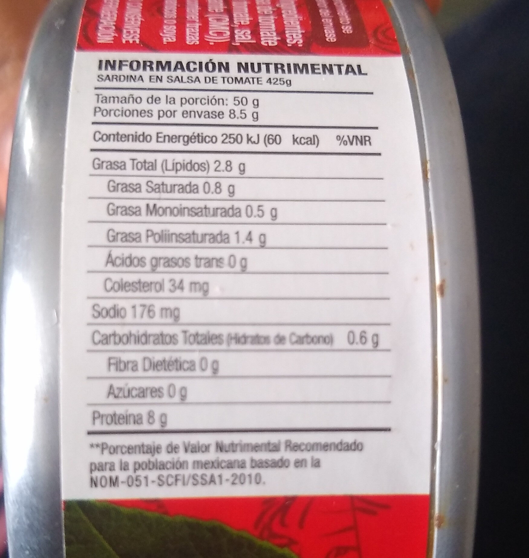 Sardina en salsa de tomate - Información nutricional