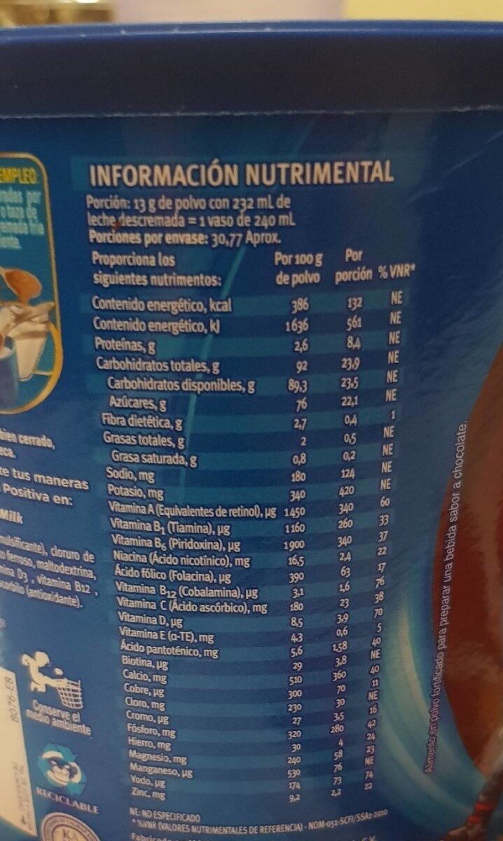 Choco Milk - Información nutricional
