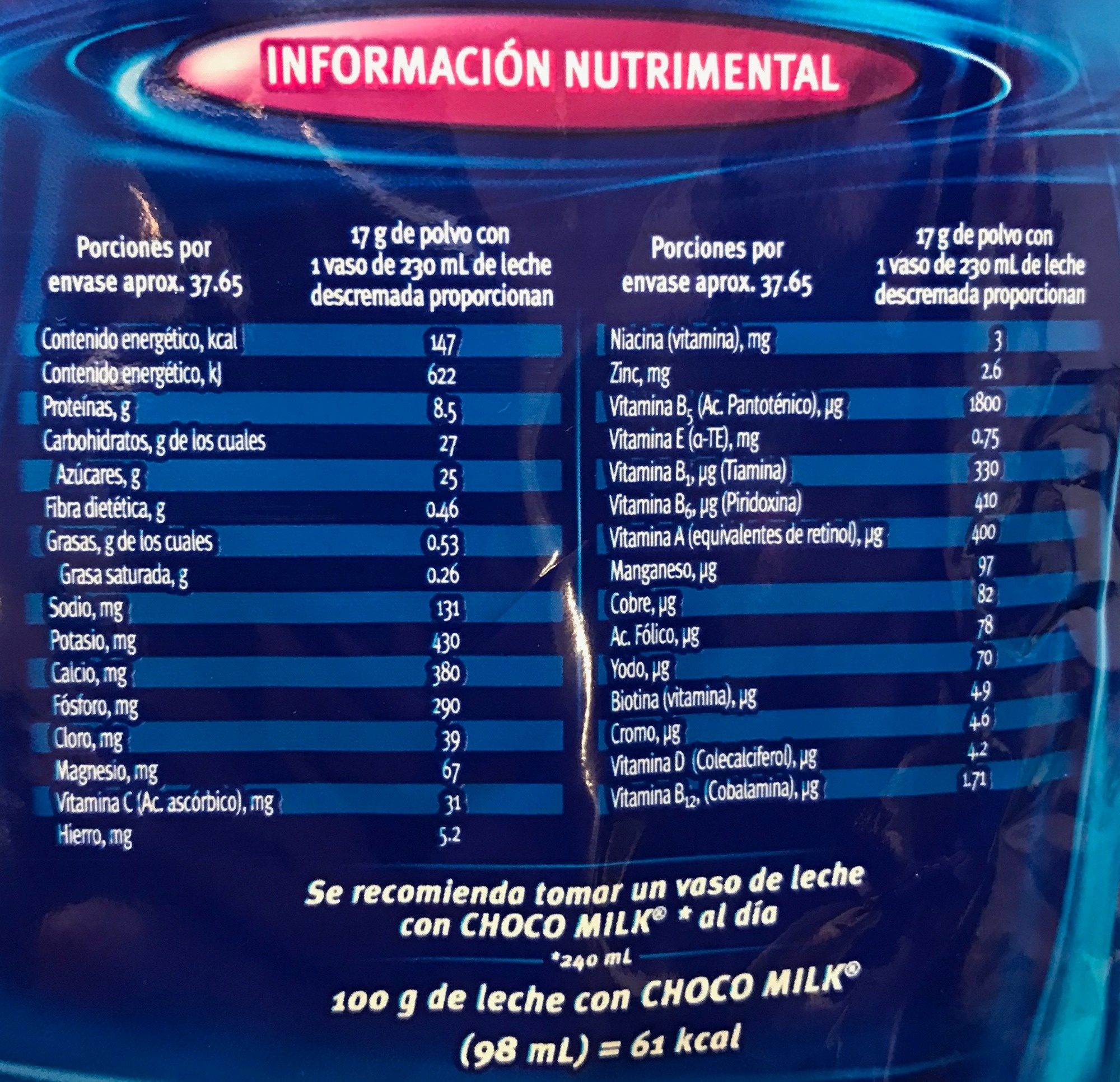 Polvo para preparar bebidas sabor chocolate - Información nutricional