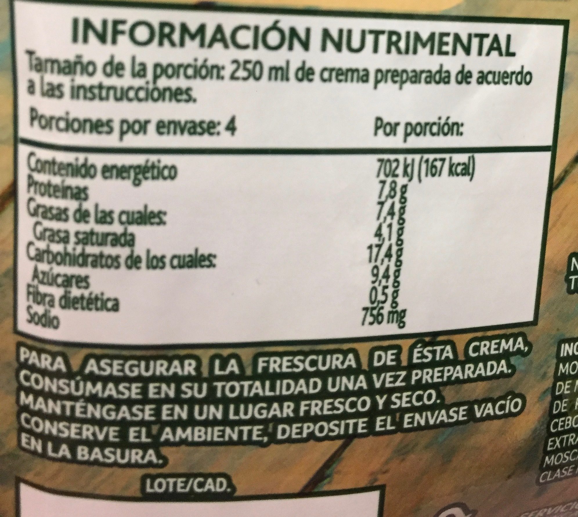 Crema champiñones - Información nutricional