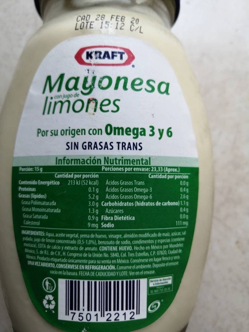 Mayonesa limones - Informació nutricional - es