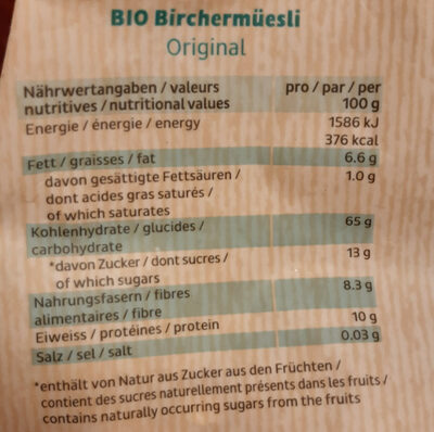 Bircher Muesli Original Bio - Nutrition facts