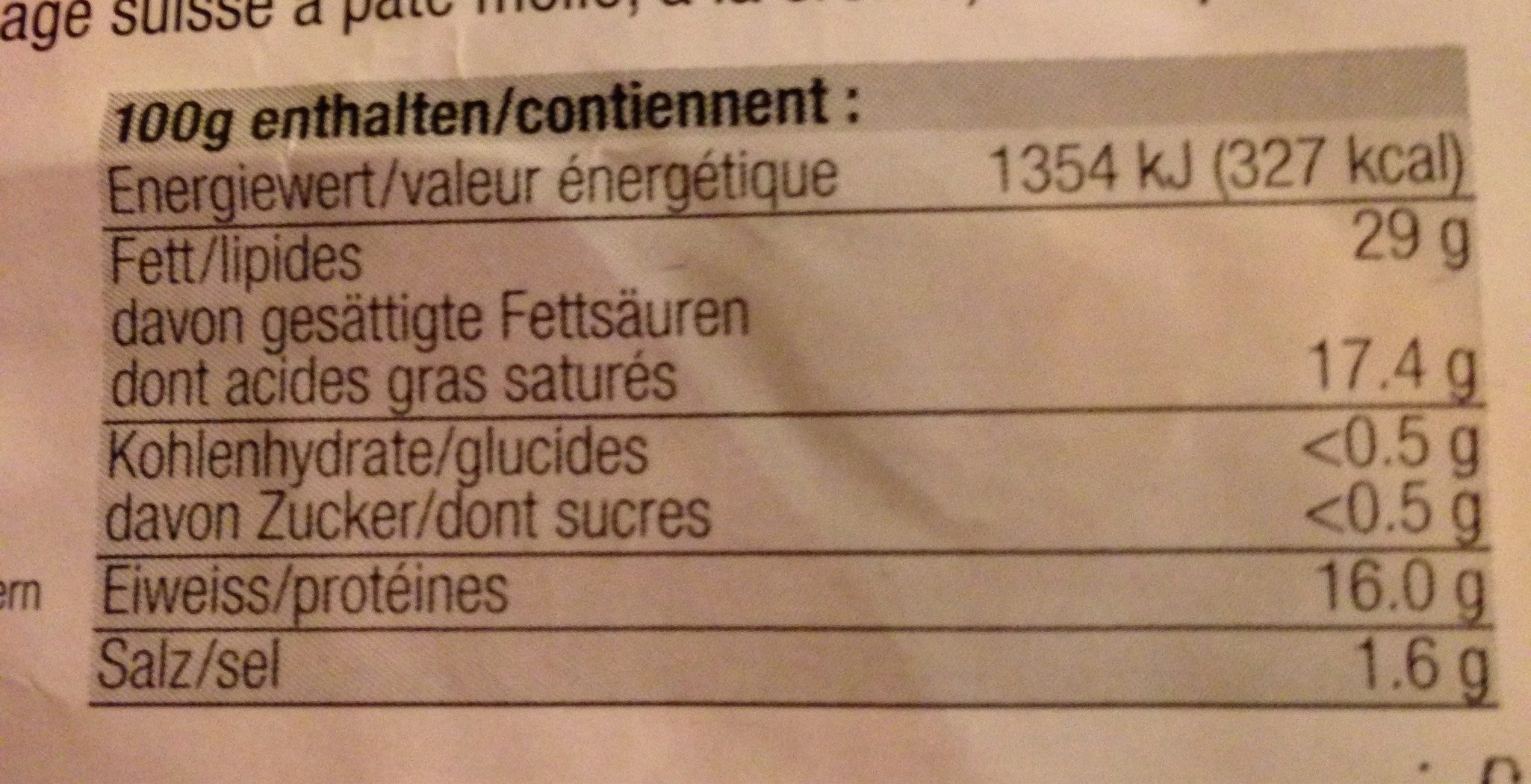 Camenbert Suisse - Tableau nutritionnel