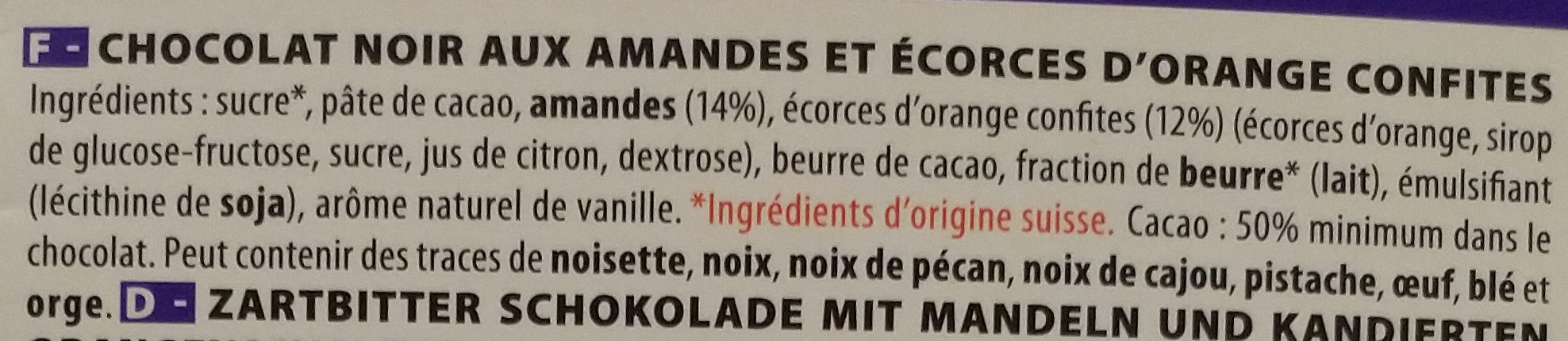 Chocolat noir amandes & orange - Ingredients - fr