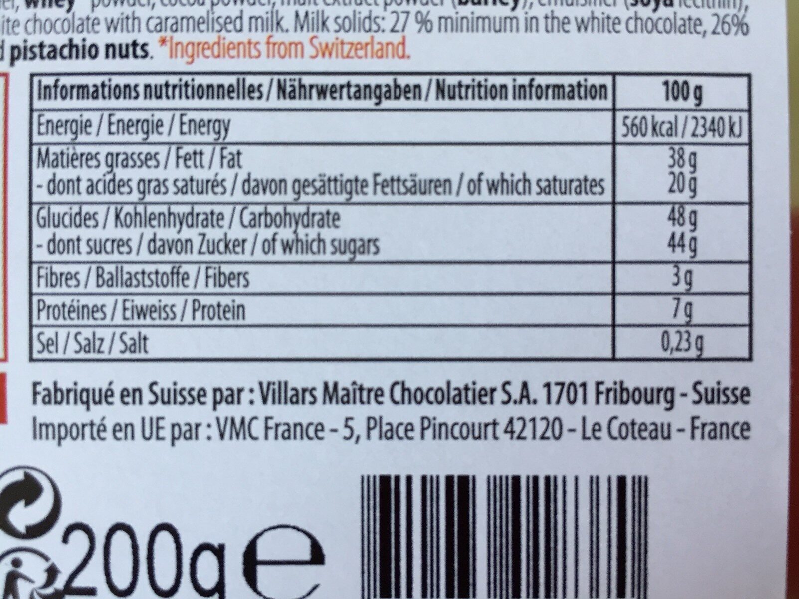 Chocolat suisse - Nutrition facts - fr