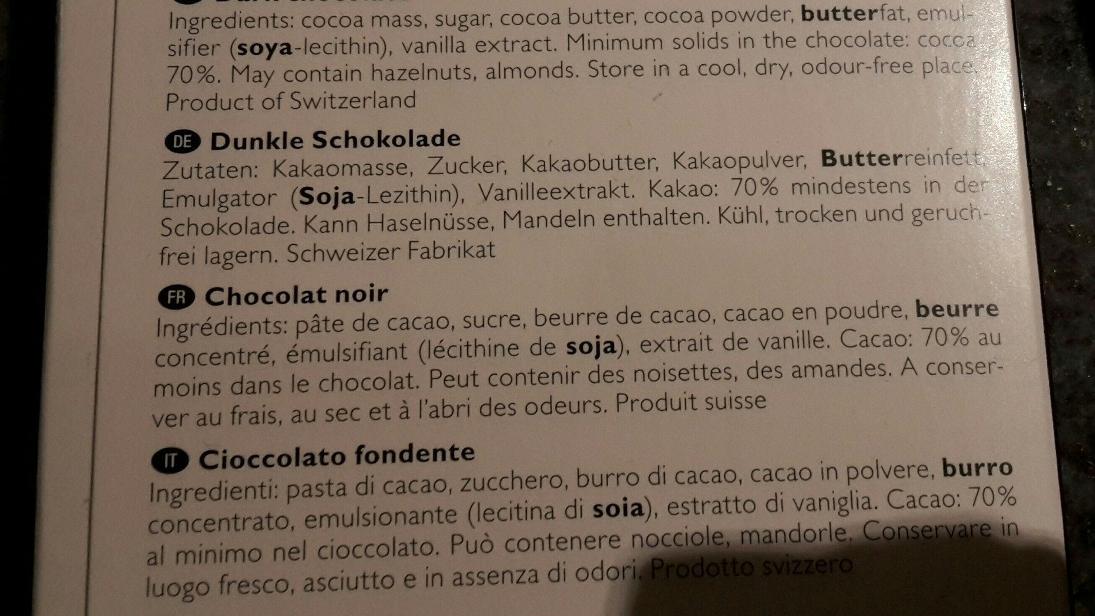 Munz Swiss premium - 70% cacao - Ingredients - fr