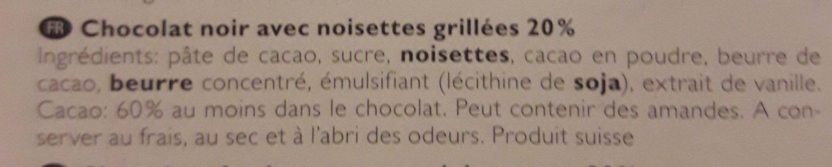 Chocolat noir avec noisette grillées 20% - Ingredients - fr
