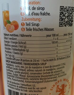 Sirop Mandarine - Nutrition facts - fr