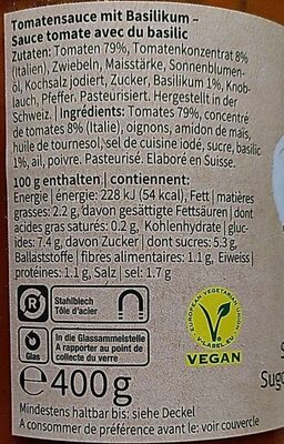 Schweizer Sugo mit Basilikum - Tableau nutritionnel