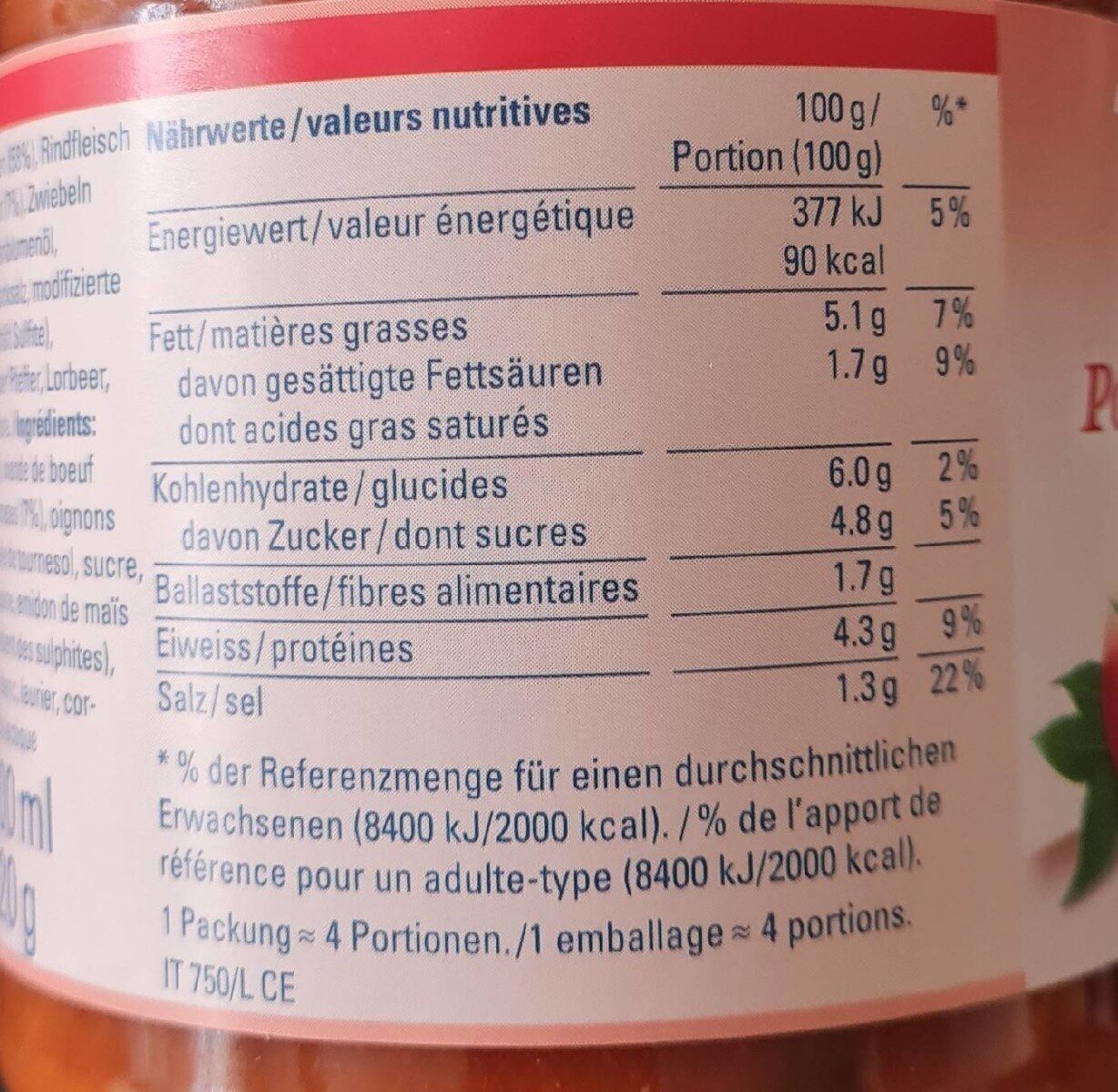 Sauce tomate au boeuf - Informació nutricional - fr