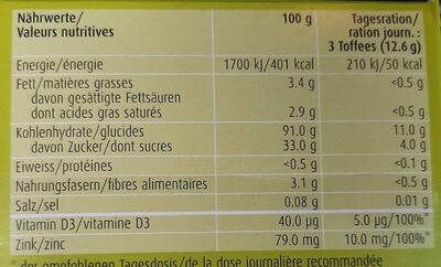 Natural toffees vitamin D +zink - Nutrition facts - fr