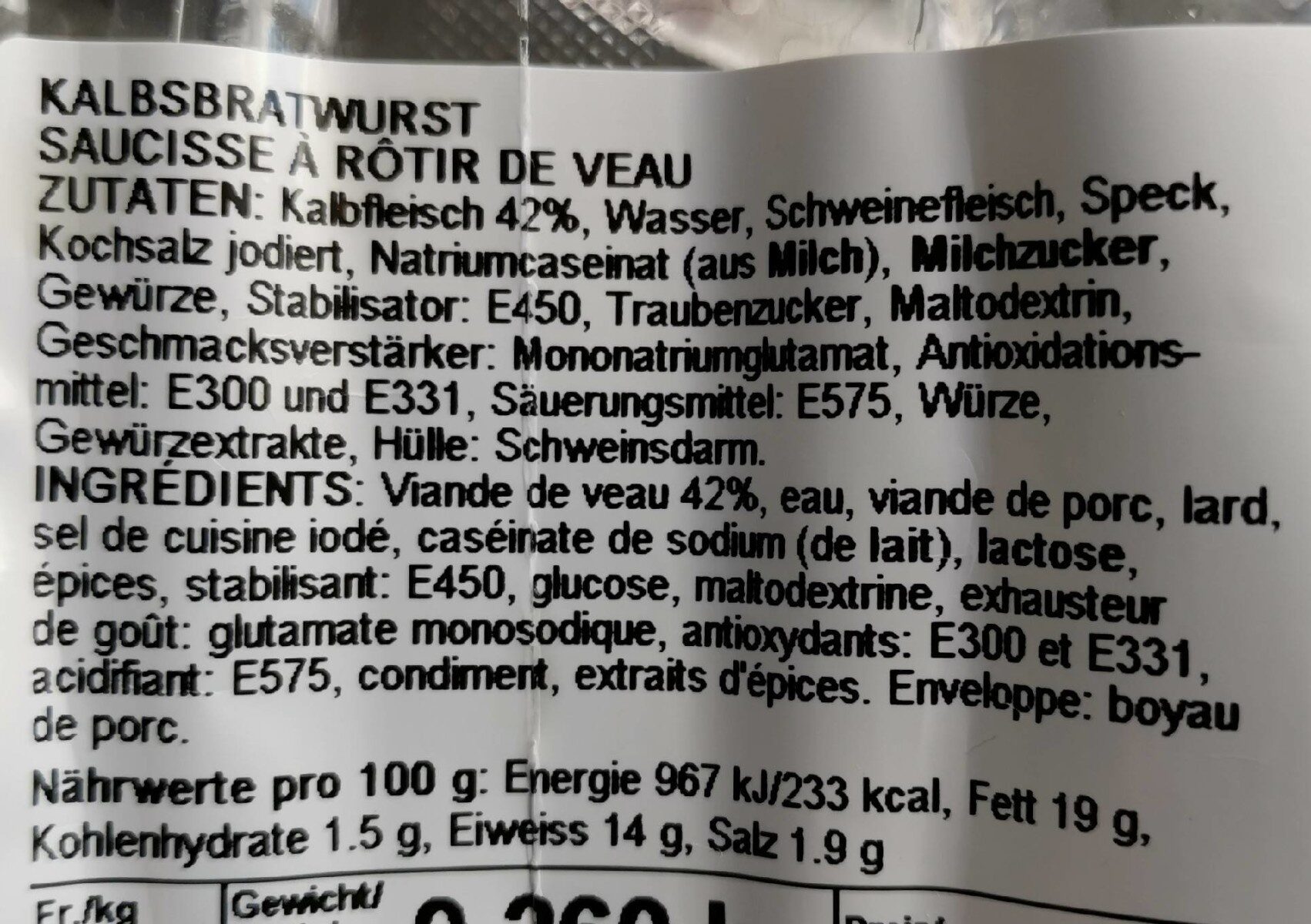 Saucisse à rôtir de veau - Nährwertangaben - fr