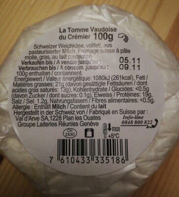 La Tomme Vaudoise du Crémier - Nutrition facts - de