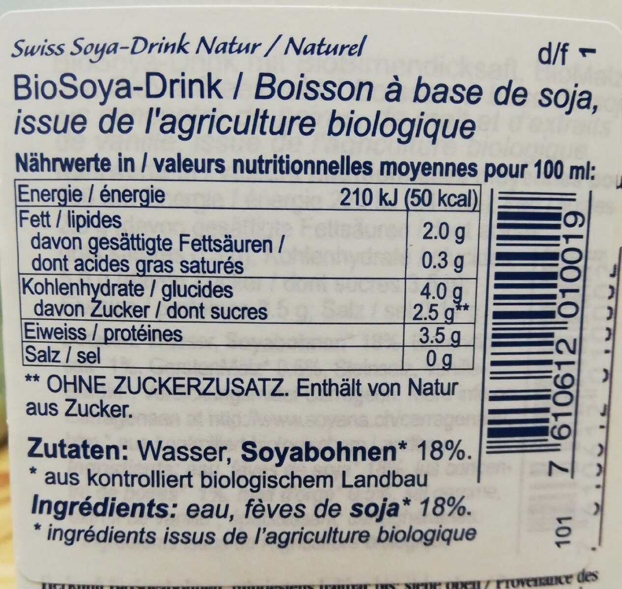 Swiss soya drink (natural) - Valori nutrizionali - fr