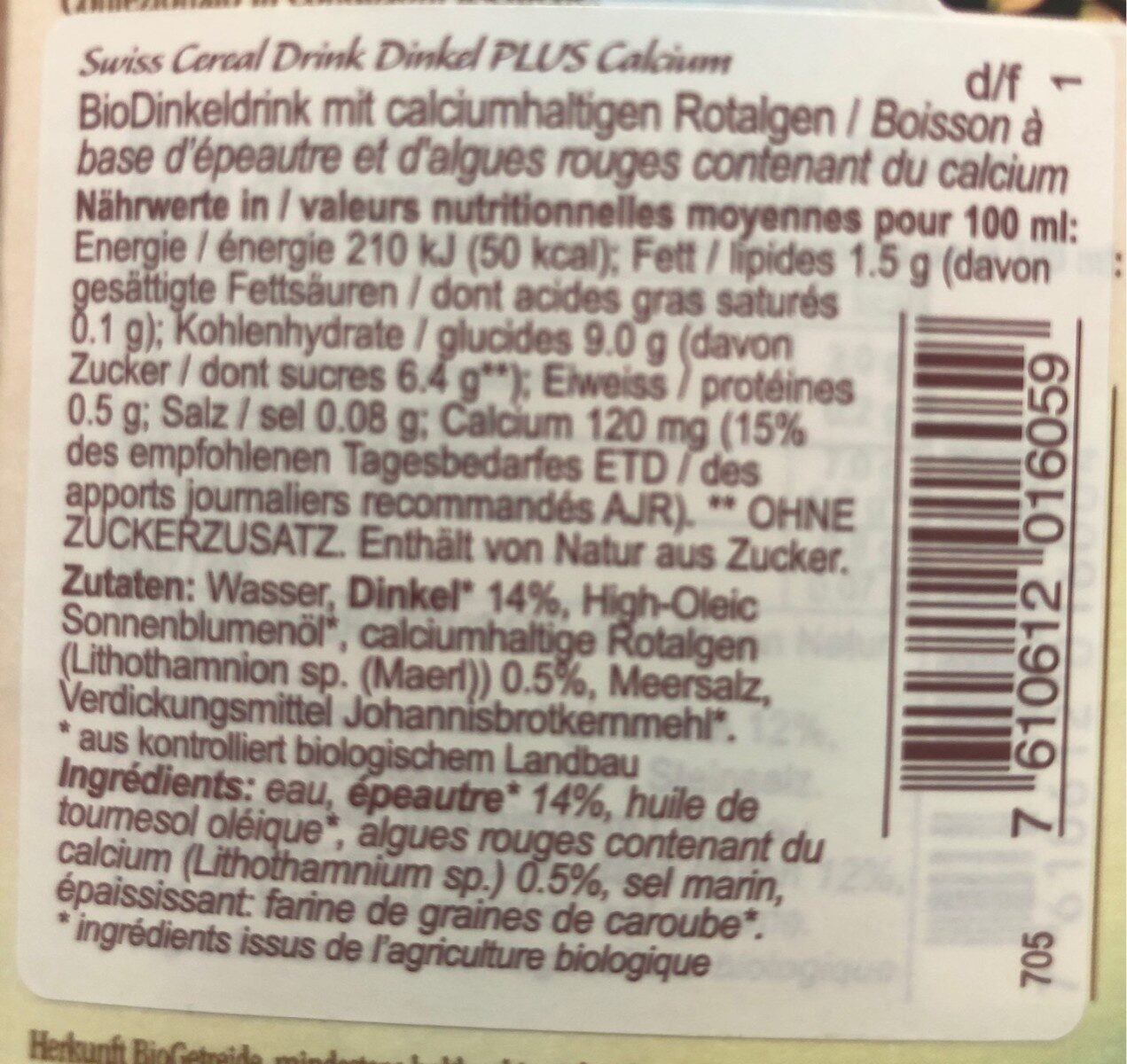 Swiss Cereal drink épautre calcium bio 1 lt - Valori nutrizionali - fr