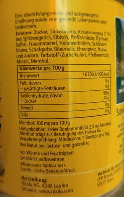 Schweizer Kräuterbonbon - Nährwertangaben