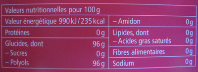 Cassis Bonbons suisses aux plantes - Tableau nutritionnel