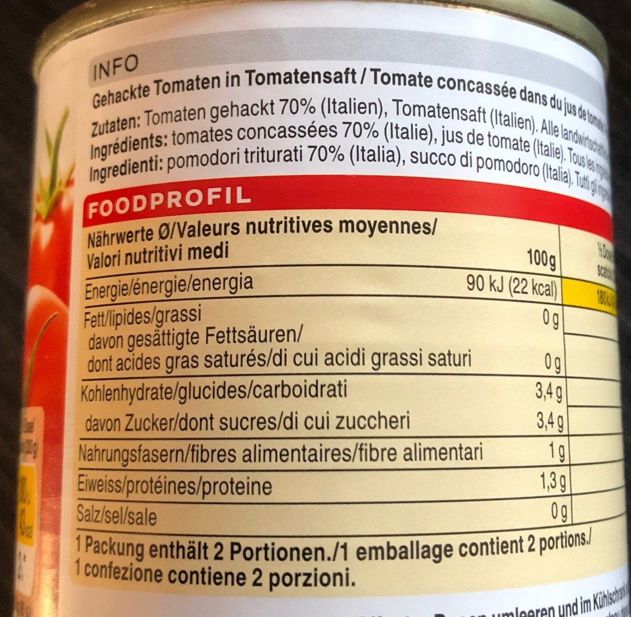 Pomodori Triturati (gehackte Tomaten) - Tableau nutritionnel