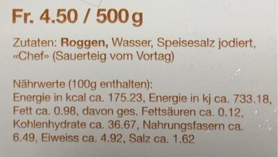 Roggenbrot - Tableau nutritionnel - de