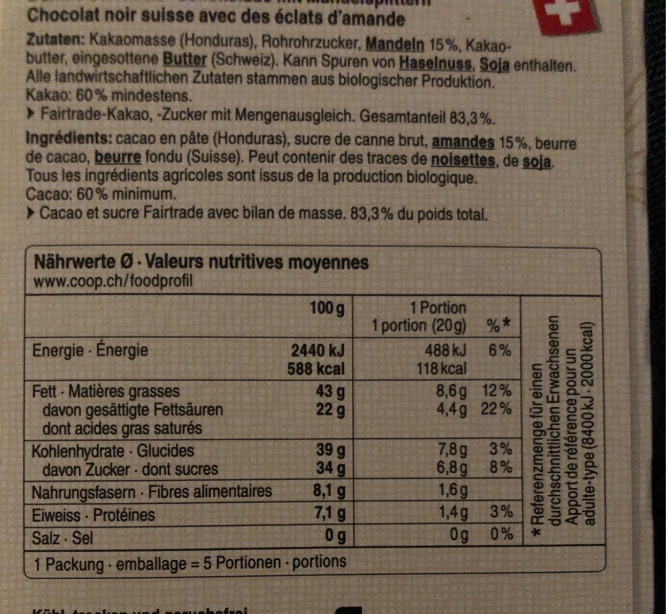 Chocolat noir aux amandes 60% cacao - Nährwertangaben - fr