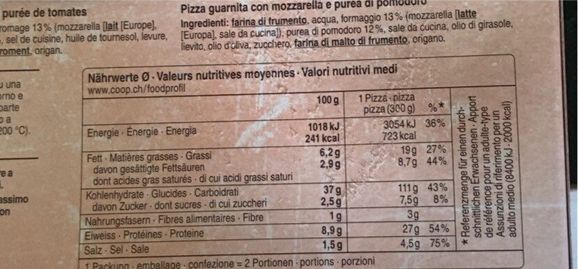 Pizza Margherita garni de Mozzarella et de purée de Tomates - Tableau nutritionnel