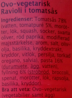 Monte Castello Vegetarisk ravioli i tomatsås - Ingredienser