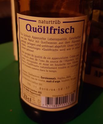Appenzeller Bier Quöllfrisch Naturtrüb bottle - Ingrédients - de