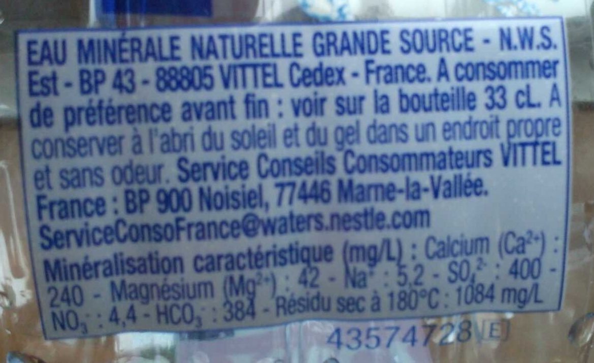 VITTEL eau minérale naturelle 33cl - Ingrédients