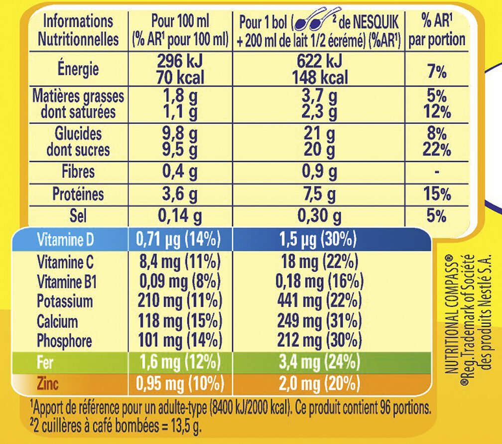 NESQUIK Poudre Cacaotée boîte 1,3kg - Valori nutrizionali - fr