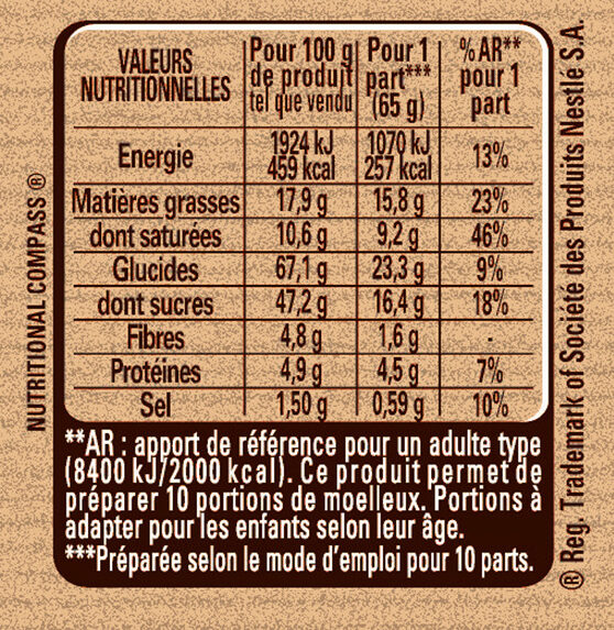 NESTLE DESSERT Préparation pour Moelleux au Chocolat 344g - Valori nutrizionali - fr