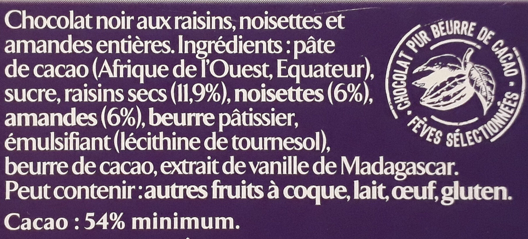 NESTLE GRAND CHOCOLAT Chocolat Noir Raisins Amandes Noisettes 200g - Ingredientes - fr
