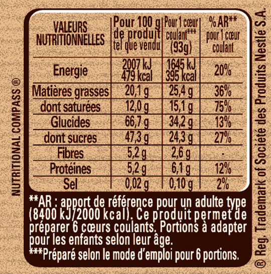 NESTLE DESSERT Préparation pour Coeurs Coulants au Chocolat 305g - Tableau nutritionnel
