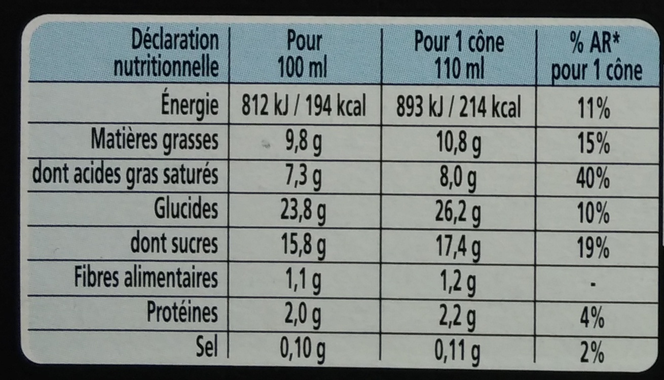 Cône Vanille & Caramel - Chocolat Craquant - Extrême Les Sélections - Tableau nutritionnel