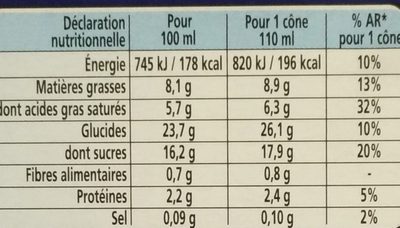 Cône Vanille Amandes caramélisées - Tableau nutritionnel