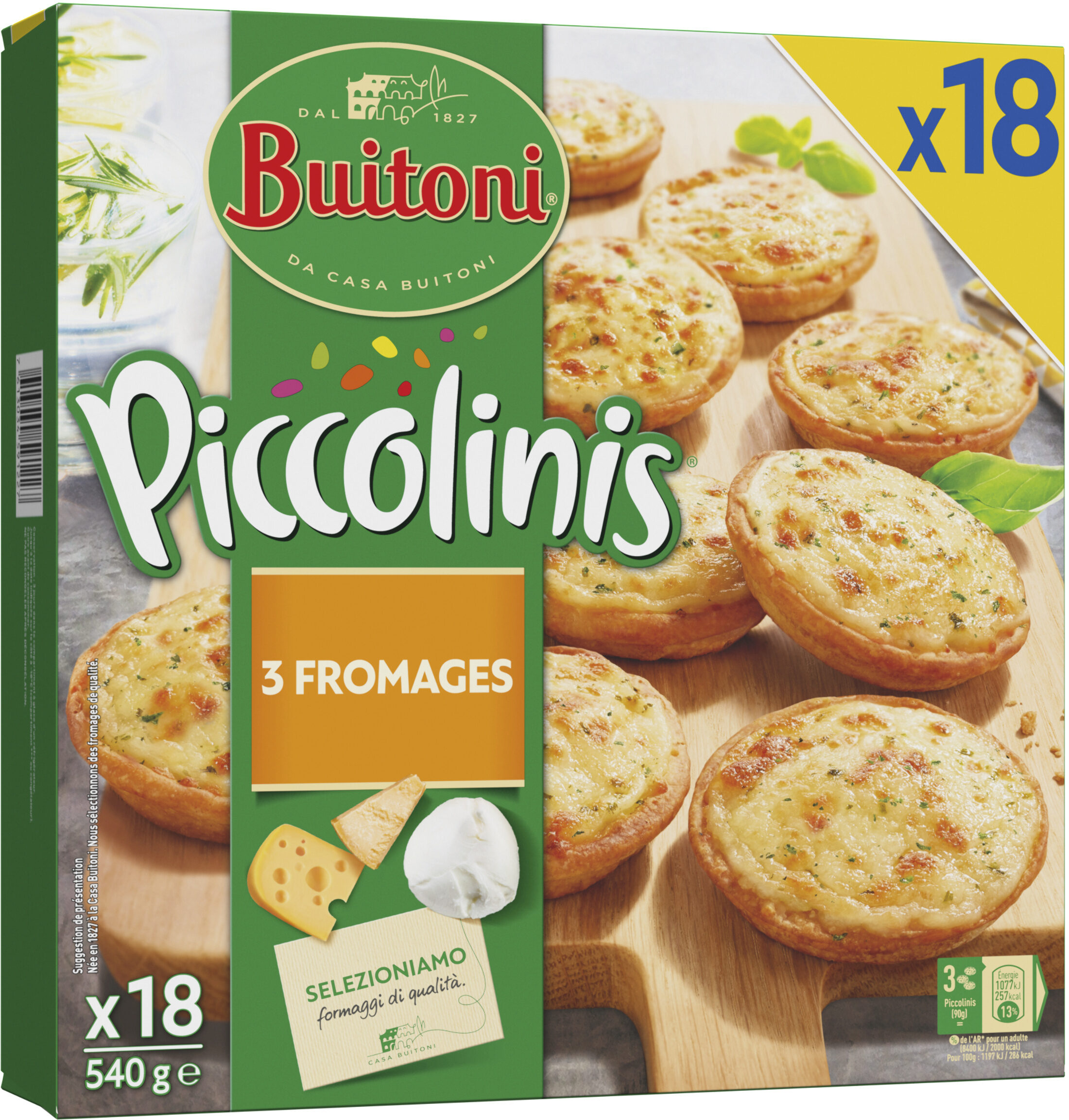 BUITONI PICCOLINIS mini-pizzas surgelées 3 Fromages 540g (18 pièces) - Produit