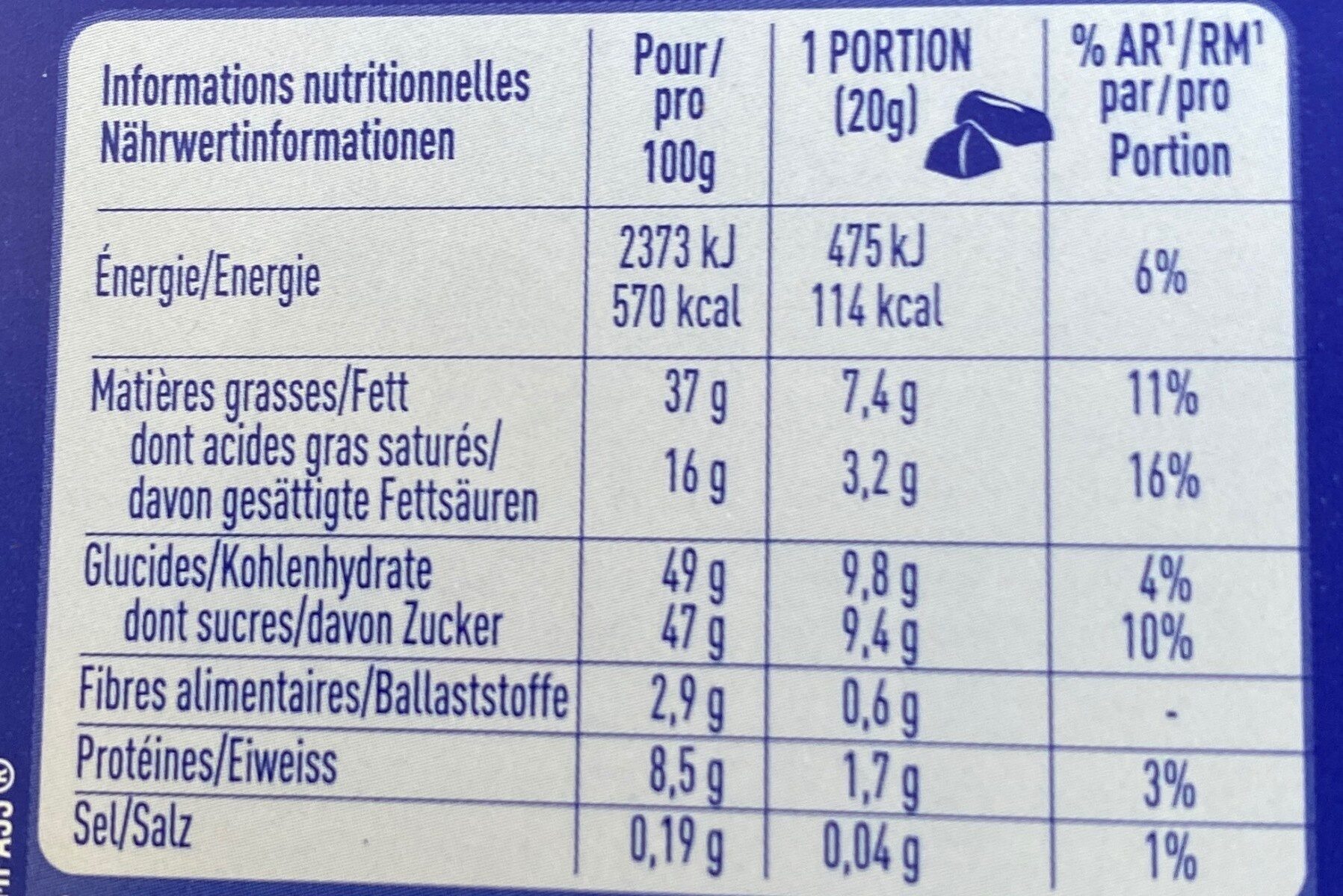 Oeuf Fémina - Tableau nutritionnel