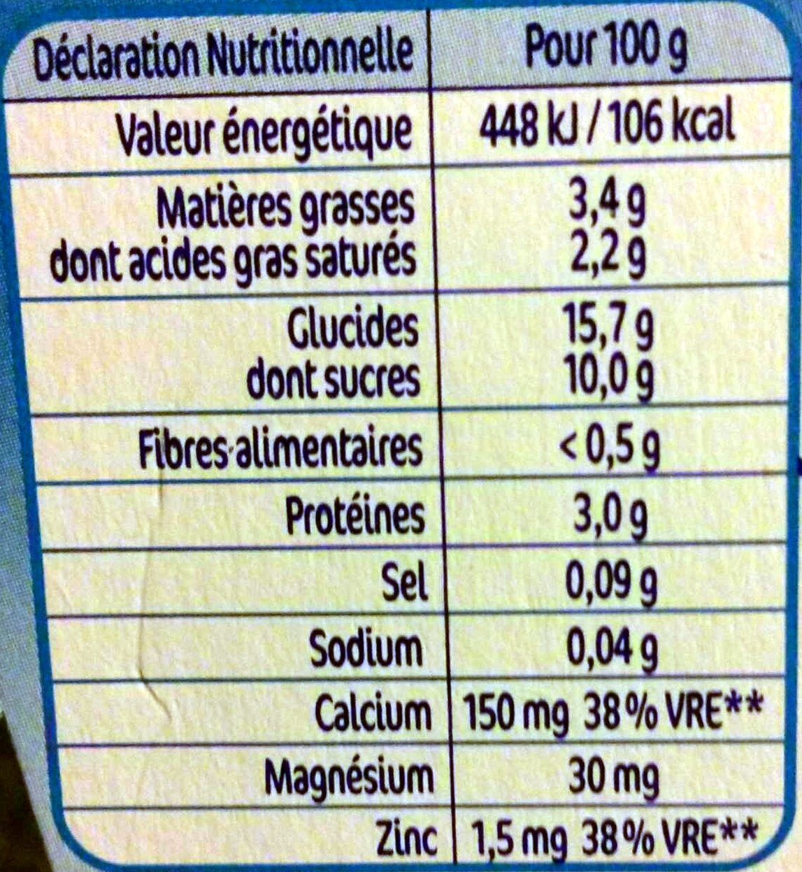 P'tit brassé - Laitage spécial bébé Myrtille - Tableau nutritionnel